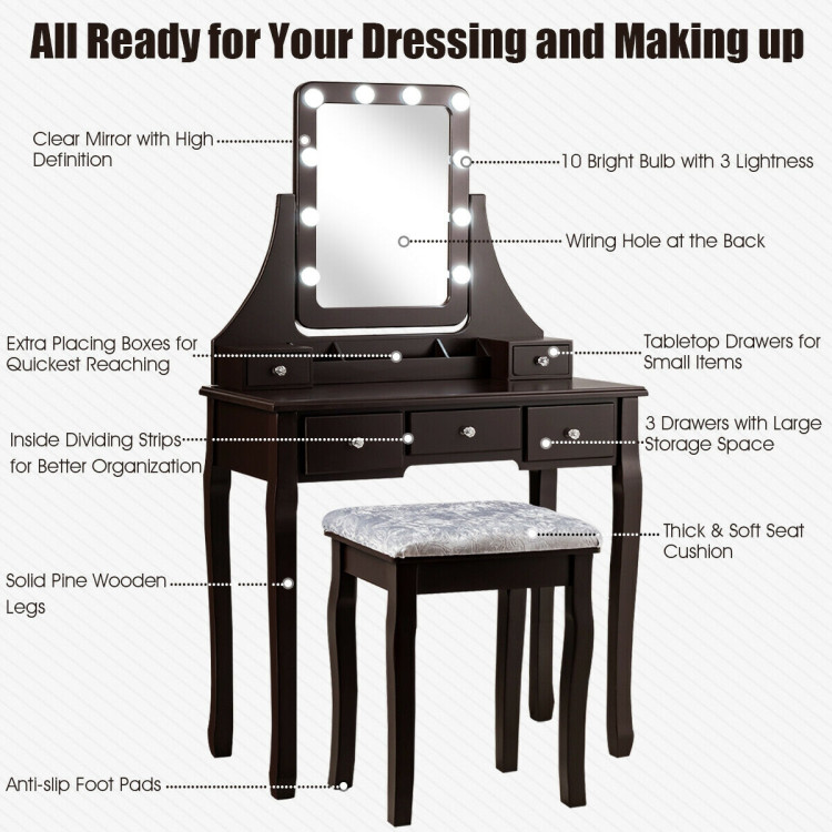 Vanity Dressing Table Set with 10 Dimmable Bulbs and Cushioned Stool-BrownCostway Gallery View 5 of 12