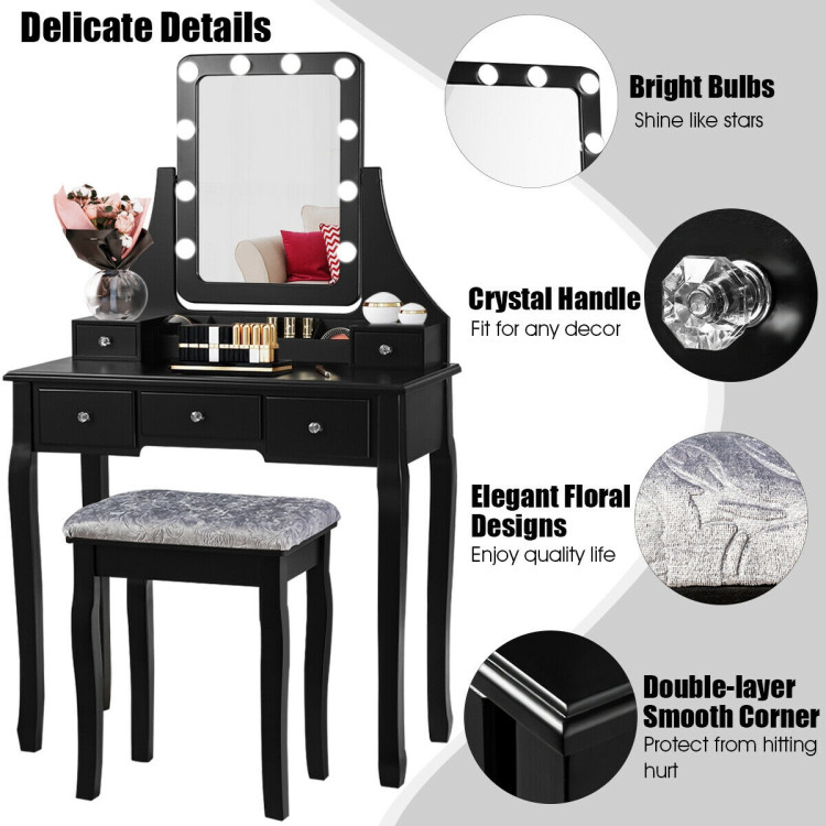 Vanity Dressing Table Set with 10 Dimmable Bulbs and Cushioned Stool-BlackCostway Gallery View 2 of 11