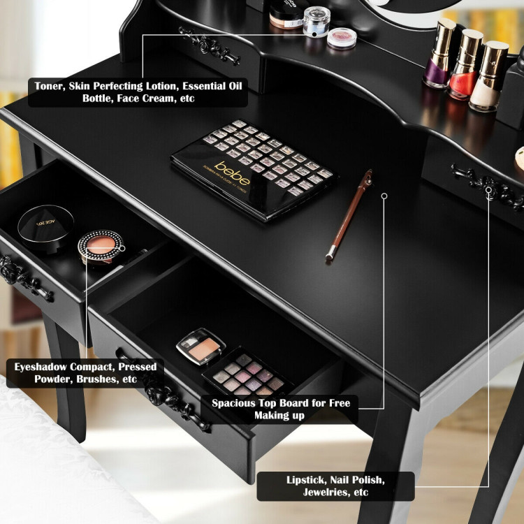 Makeup Vanity Dressing Table Set with Dimmable Bulbs Cushioned Stool-BlackCostway Gallery View 9 of 12