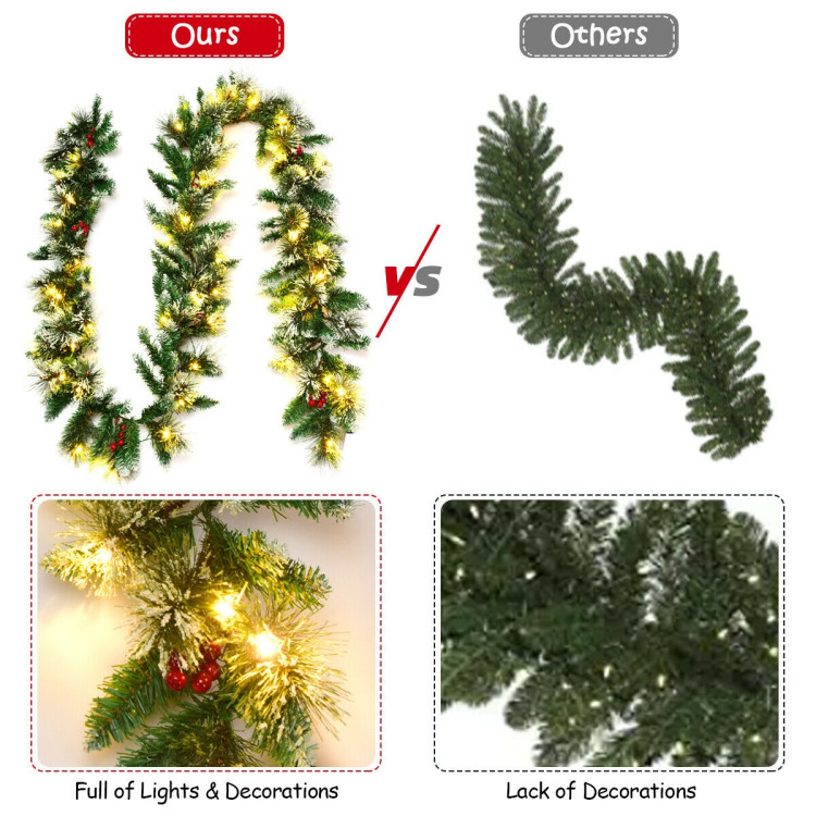 9 Feet Pre-lit Snow Flocked Tips Christmas Garland with Red BerriesCostway Gallery View 10 of 10