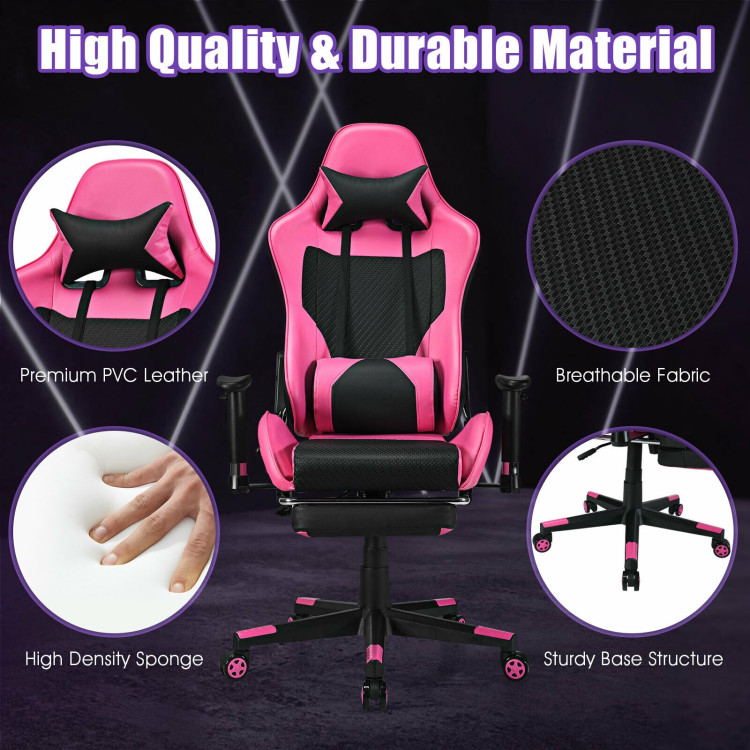 PU Leather Gaming Chair with USB Massage Lumbar Pillow and Footrest -PinkCostway Gallery View 11 of 12