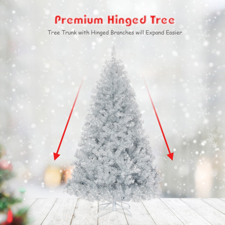 6 Feet Hinged Unlit Artificial Silver Tinsel Christmas Tree with Metal StandCostway Gallery View 9 of 10