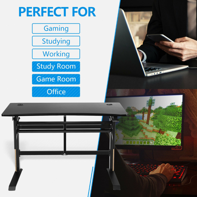 Pneumatic Height Adjustable Gaming Desk T Shaped Game Station with Power Strip Tray-BlackCostway Gallery View 8 of 12