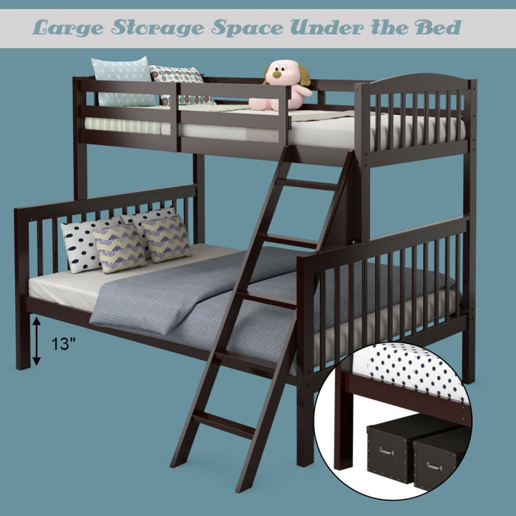 Twin over Full Bunk Bed Rubber Wood Convertible with Ladder Guardrail-EspressoCostway Gallery View 12 of 12