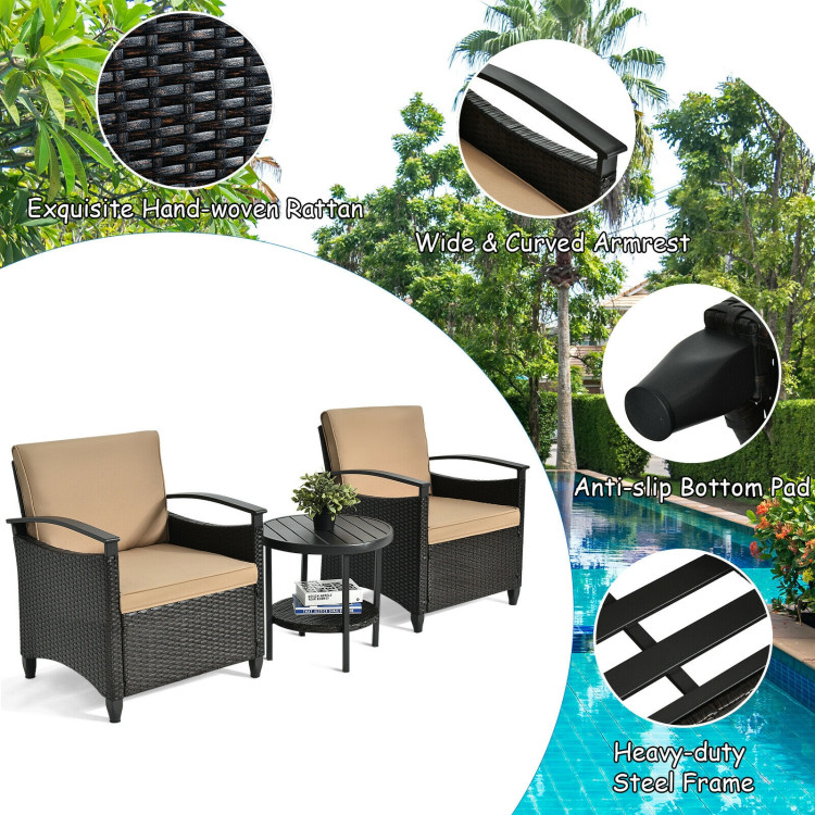 3 Pieces Patio Rattan Furniture Set Cushioned Sofa Storage Table with Shelf GardenCostway Gallery View 9 of 12