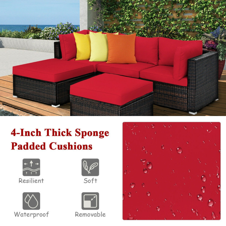 5 Pieces Patio Rattan Sofa Set with Cushion and Ottoman-RedCostway Gallery View 3 of 12