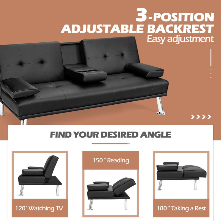 Convertible Folding Leather Futon Sofa with Cup Holders and Armrests-BlackCostway Gallery View 8 of 12