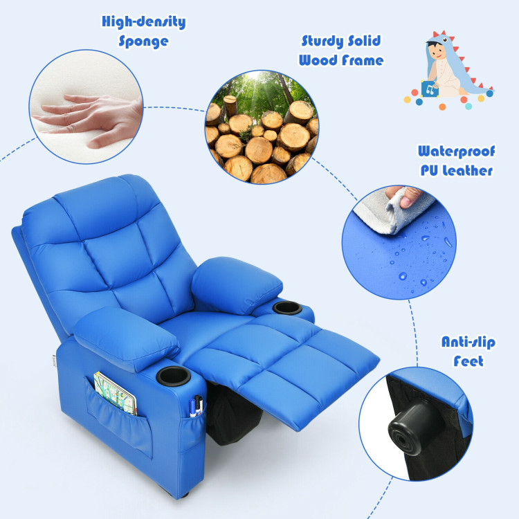 PU Leather Kids Recliner Chair with Cup Holders and Side Pockets-BlueCostway Gallery View 10 of 12