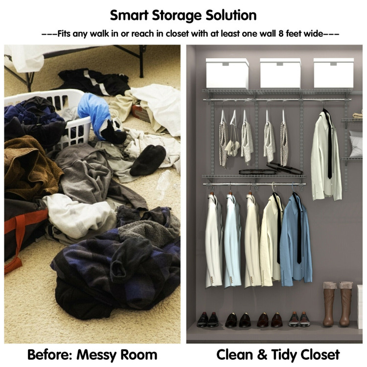 3 to 6 Feet Wall-Mounted Closet System Organizer Kit with Hang Rod-GrayCostway Gallery View 11 of 12