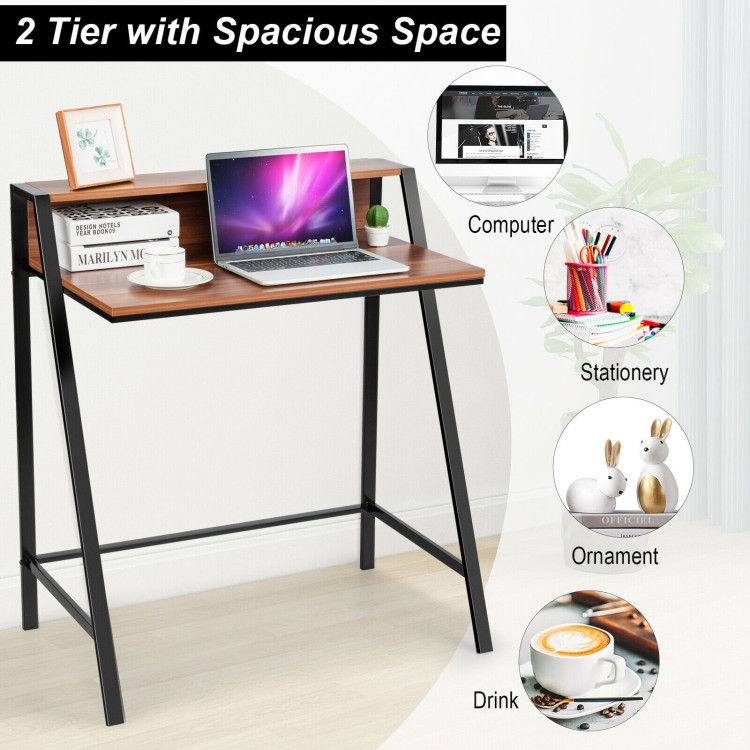 2 Tier Computer Desk PC Laptop Table Study Writing Home Office Workstation New-WalnutCostway Gallery View 9 of 12
