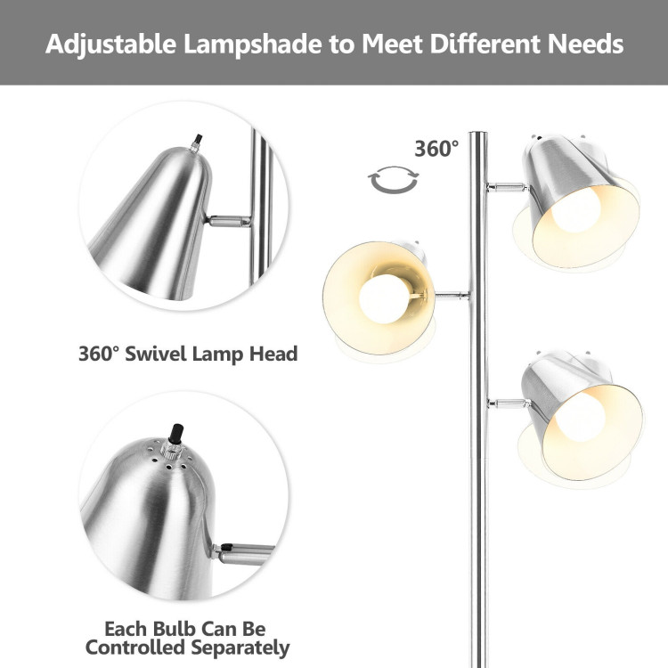 64 Inch 3-Light LED Floor Lamp Reading Light for Living Room Bedroom-SilverCostway Gallery View 5 of 11