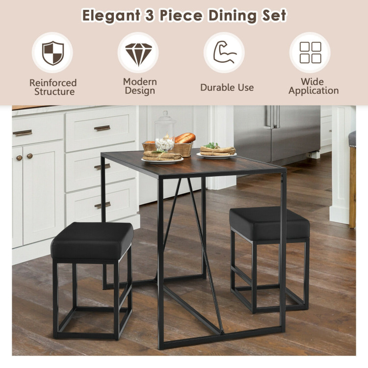 3 Pcs Dining Set Metal Frame Kitchen Table and 2 Stools-BrownCostway Gallery View 2 of 11