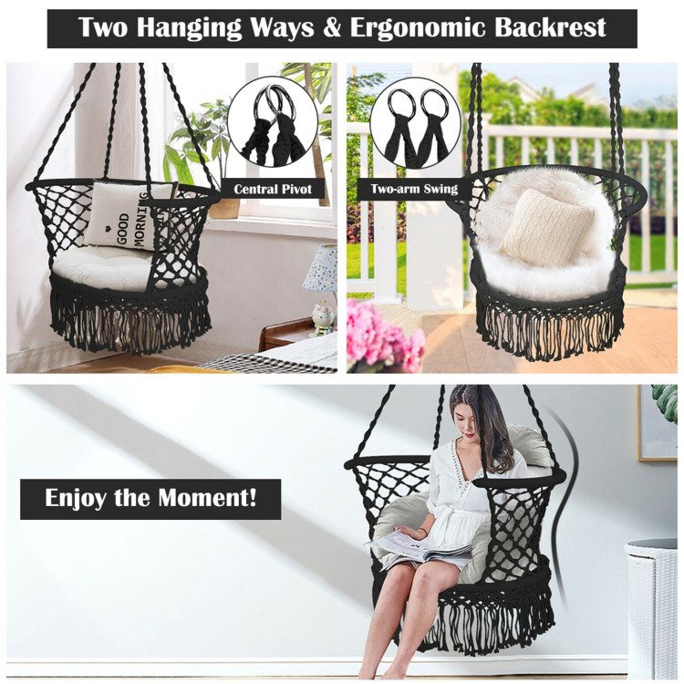 Hanging Hammock Chair with 330 Pounds Capacity and Cotton Rope Handwoven Tassels Design-BlackCostway Gallery View 3 of 11