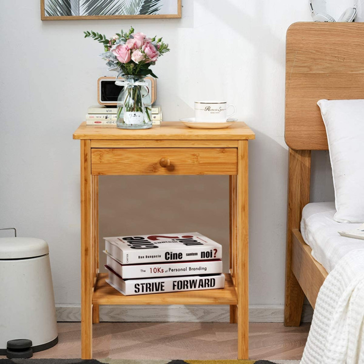 Multipurpose Bamboo End Table  with Drawer and Storage Shelf for Living Room-NaturalCostway Gallery View 3 of 9