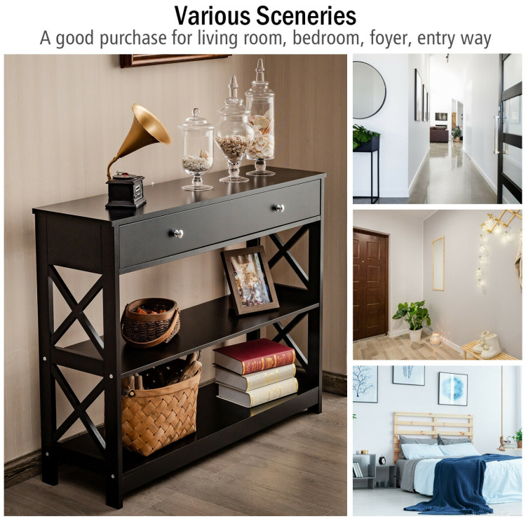 3-Tier Console Table with Drawers for Living Room Entryway-BlackCostway Gallery View 2 of 12