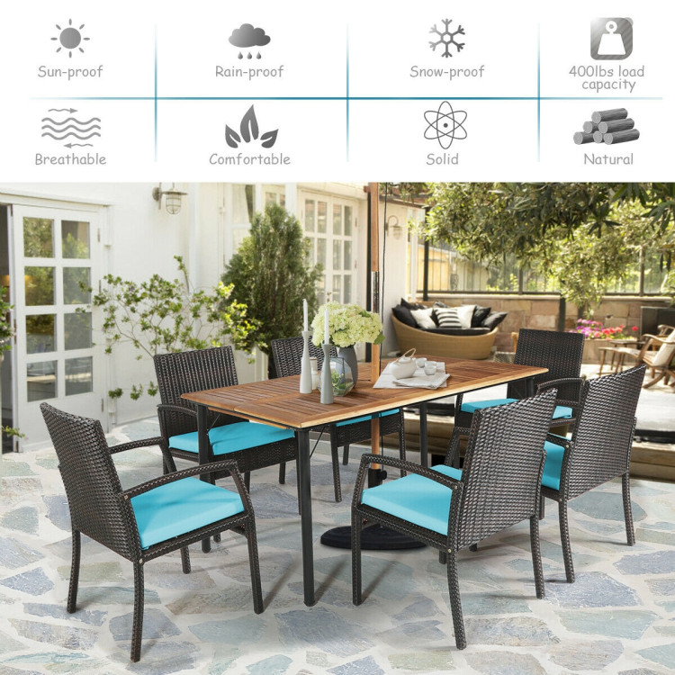 7Pcs Patio Rattan Cushioned Dining Set with Umbrella Hole-TurquoiseCostway Gallery View 2 of 12