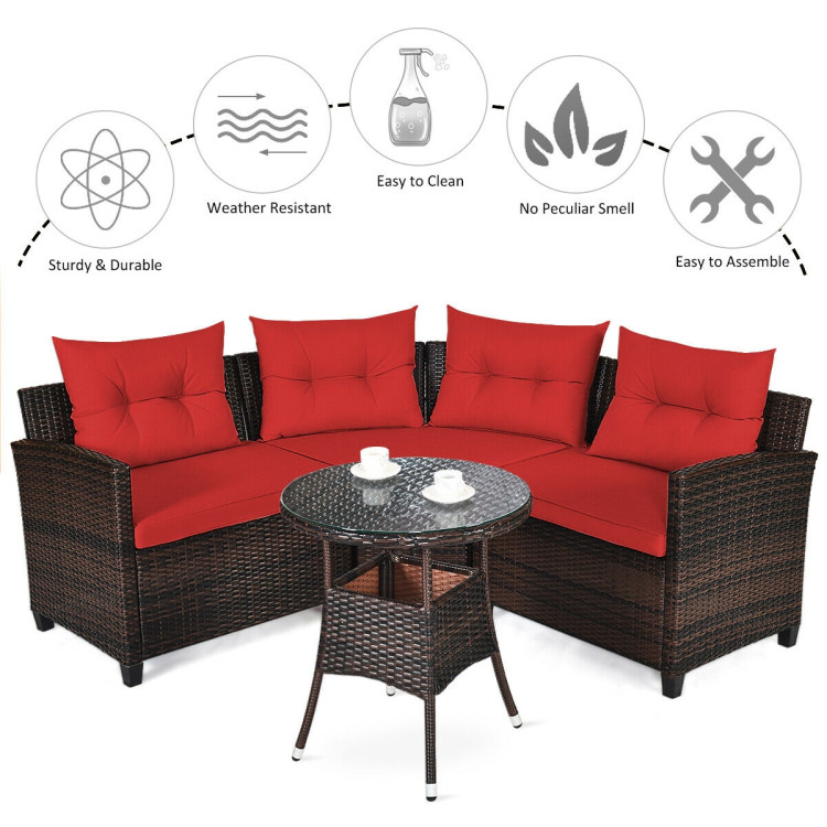 4 Pieces Outdoor Cushioned Rattan Furniture Set-RedCostway Gallery View 5 of 12