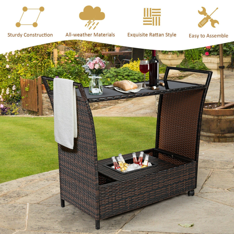Patio Rattan Bar Serving Cart with Glass Top and HandleCostway Gallery View 3 of 12