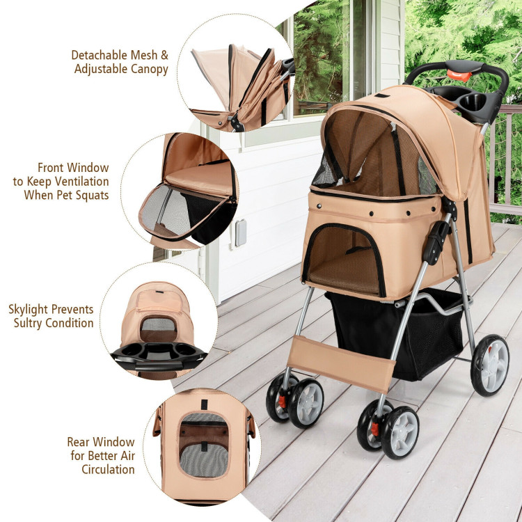 Foldable 4-Wheel Pet Stroller with Storage Basket-BeigeCostway Gallery View 5 of 12