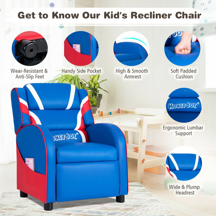 Kids Leather Recliner Chair with Side Pockets-BlueCostway Gallery View 10 of 12