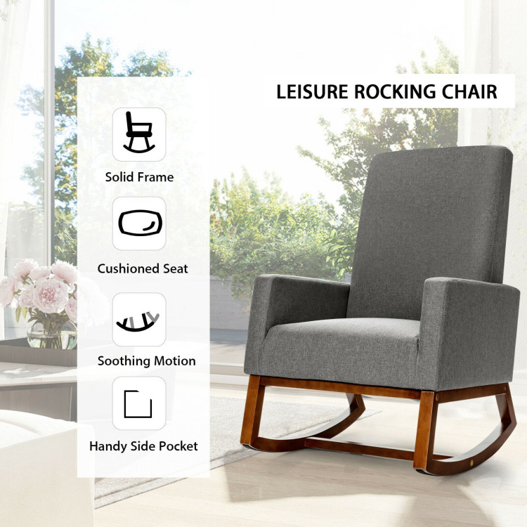 Rocking High Back Upholstered Lounge Armchair with Side Pocket-GrayCostway Gallery View 5 of 12