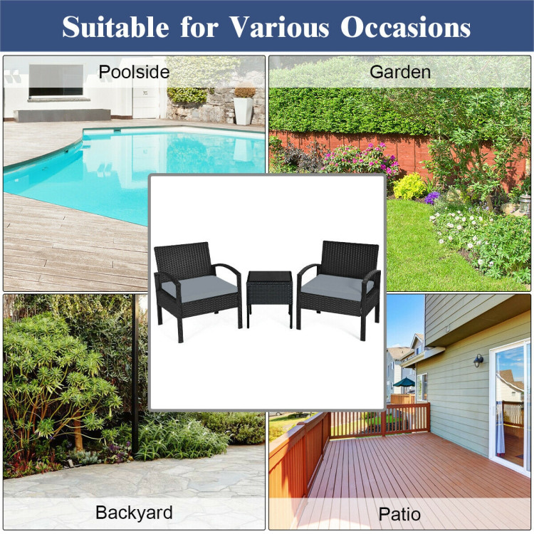 3 Pieces Outdoor Rattan Patio Conversation Set with Seat Cushions-GrayCostway Gallery View 5 of 12