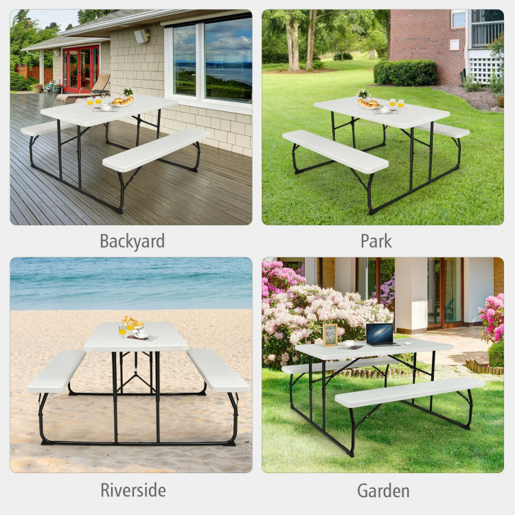 Indoor and Outdoor Folding Picnic Table Bench Set with Wood-like Texture-WhiteCostway Gallery View 7 of 11
