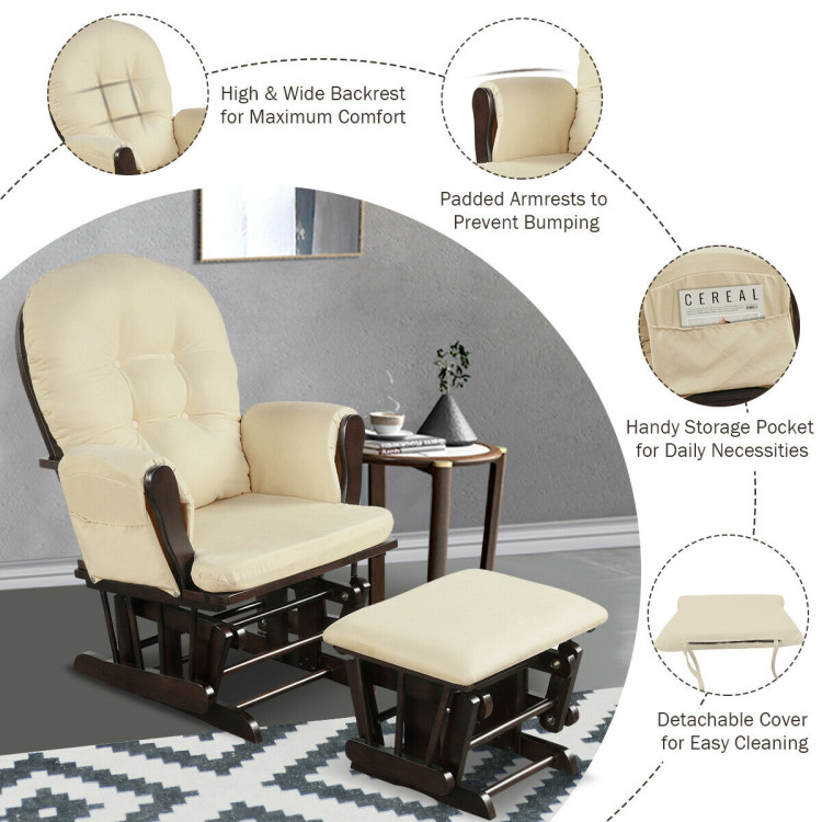 Wood Glider and Ottoman Set with Padded Armrests and Detachable Cushion-BeigeCostway Gallery View 5 of 12