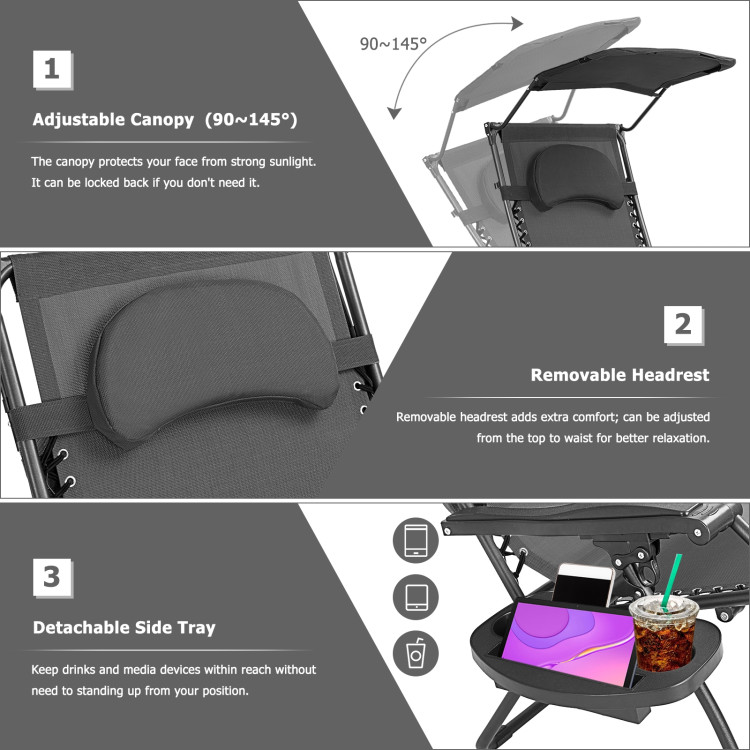 Folding Recliner Lounge Chair with Shade Canopy Cup Holder-BlackCostway Gallery View 10 of 10