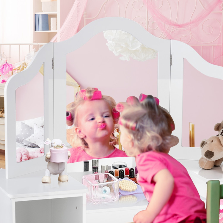 Kids Tri Folding Mirror Makeup Dressing Vanity Table Set-WhiteCostway Gallery View 10 of 14