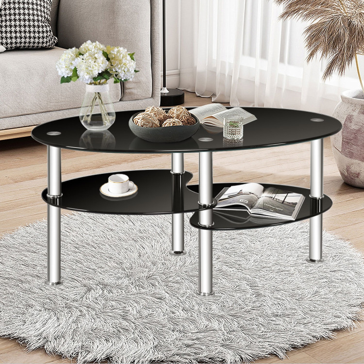 Tempered Glass Oval Side Coffee Table-BlackCostway Gallery View 2 of 11