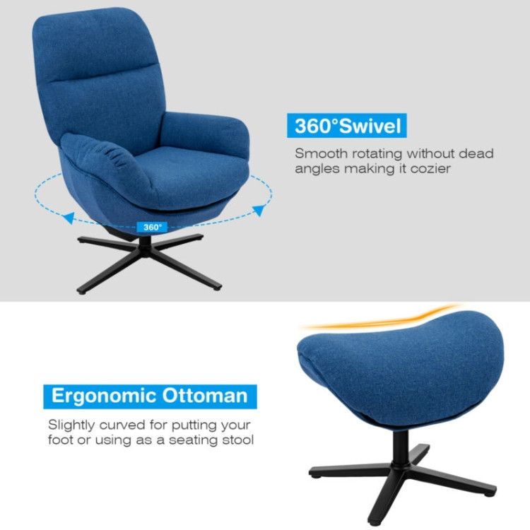 Upholstered Swivel Lounge Chair with Ottoman and Rocking Footstool-BlueCostway Gallery View 12 of 12