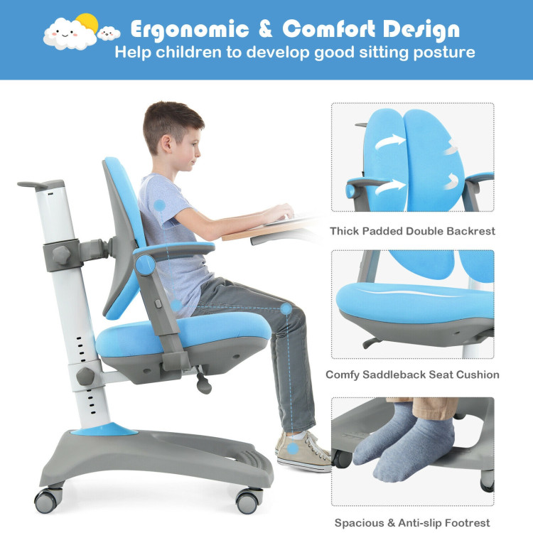 Kids Adjustable Height Depth Study Desk Chair with Sit-Brake Casters-BlueCostway Gallery View 12 of 12