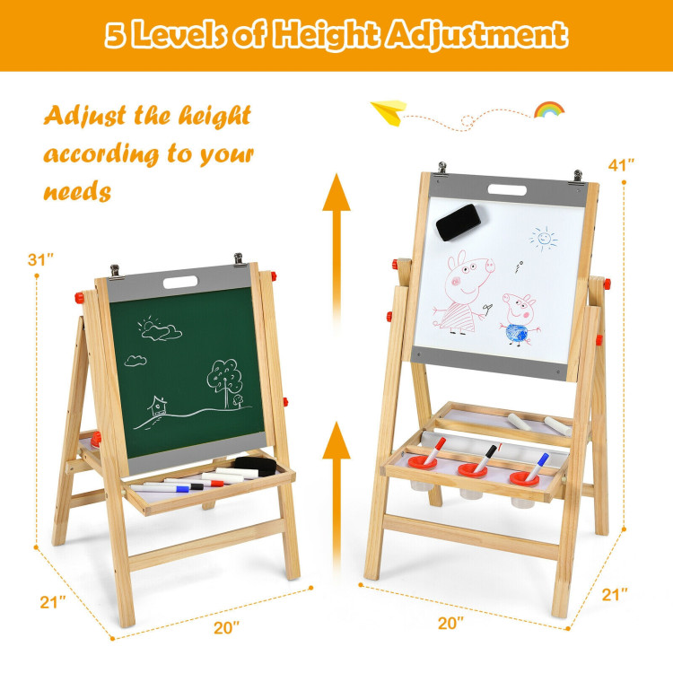 Kids Art Easel with Paper Roll Double Sided Chalkboard and Whiteboard-GrayCostway Gallery View 4 of 12