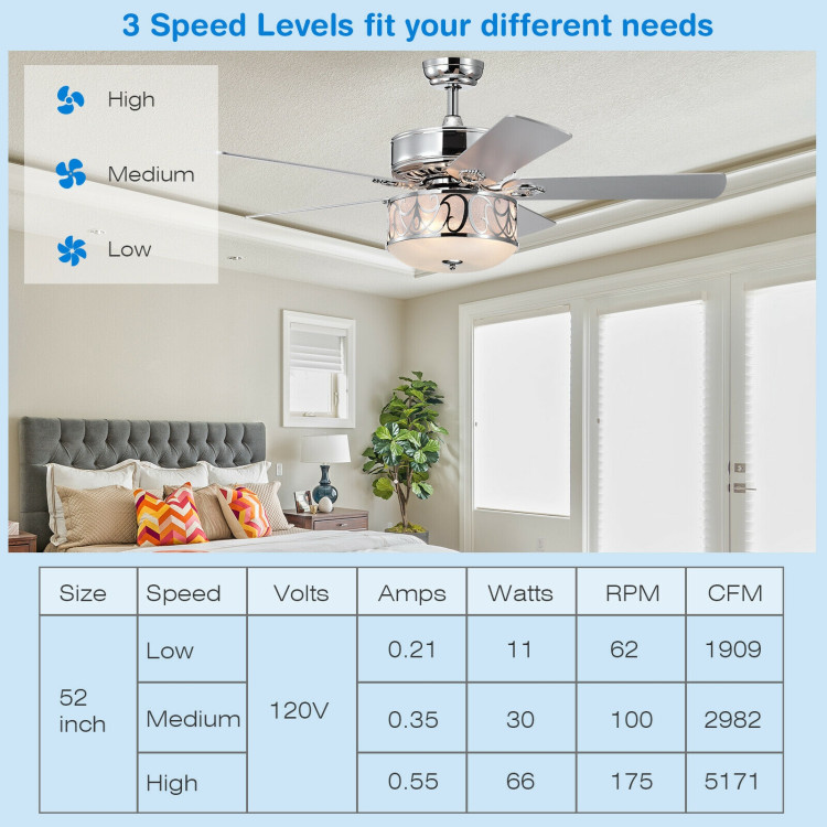 52 Inch Ceiling Fan with Light Reversible Blade and Adjustable Speed-SilverCostway Gallery View 9 of 12