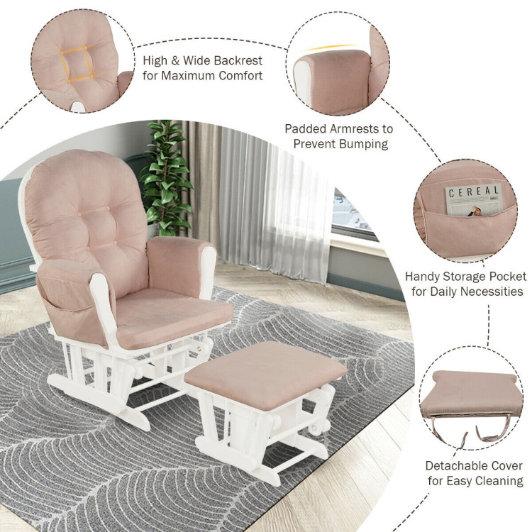 Wood Glider and Ottoman Set with Padded Armrests and Detachable Cushion-PinkCostway Gallery View 10 of 11