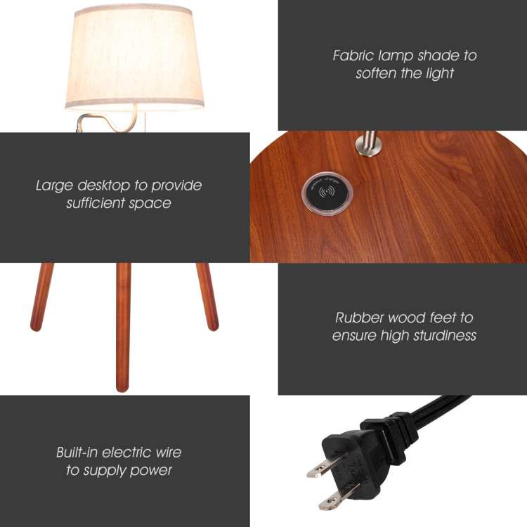 End Table Lamp Bedside Nightstand Lighting with Wireless Charger-BrownCostway Gallery View 13 of 13