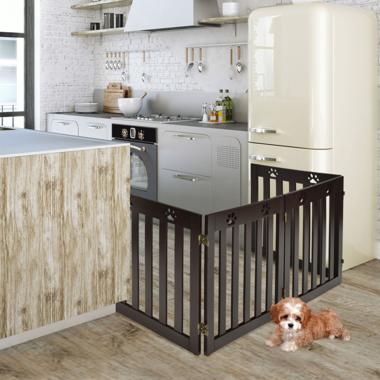 24 Inch Folding Wooden Freestanding Pet Gate Dog Gate with 360° Hinge -Dark BrownCostway Gallery View 9 of 14