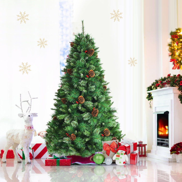 6 Feet Unlit Hinged PVC Artificial Christmas Pine Tree with Red BerriesCostway Gallery View 7 of 10