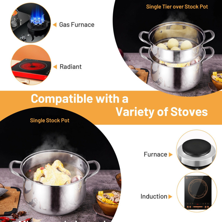 2-Tier Steamer Pot Saucepot Stainless Steel with Tempered Glass