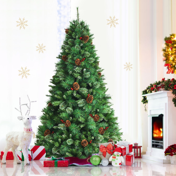 7 Feet Unlit Hinged PVC Artificial Christmas Pine Tree with Red BerriesCostway Gallery View 10 of 10
