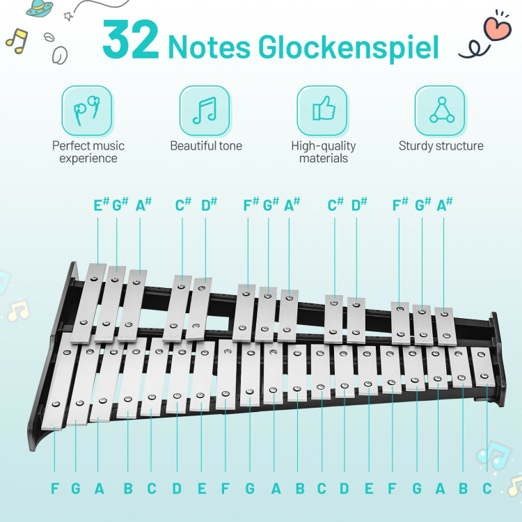 32 Note Glockenspiel Xylophone Percussion Bell Kit with Adjustable StandCostway Gallery View 12 of 12