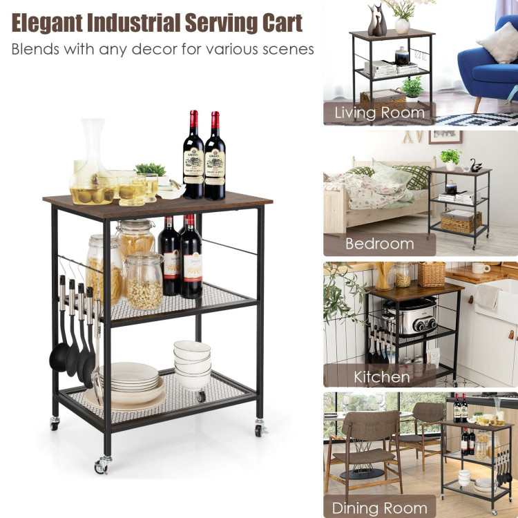 3-Tier Kitchen Serving Cart Utility Standing Microwave Rack with Hooks BrownCostway Gallery View 2 of 12