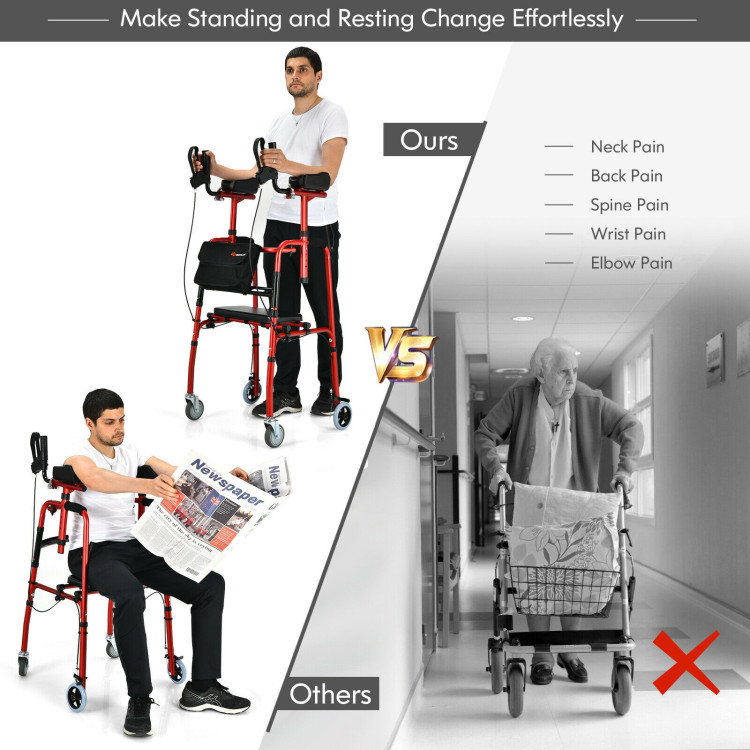  Folding Auxiliary Walker Rollator with Brakes Flip-Up Seat Bag Multifunction-RedCostway Gallery View 11 of 12