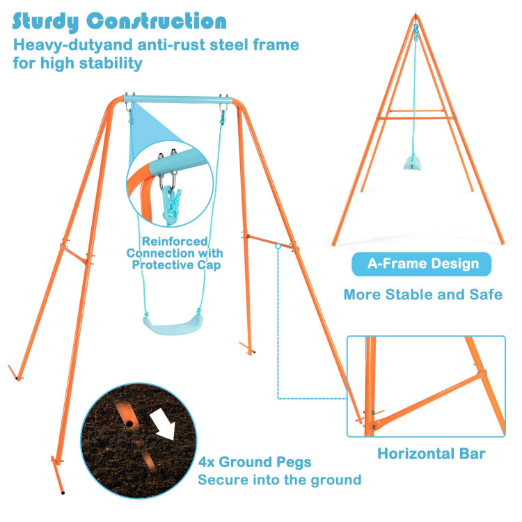 Outdoor Kids Swing Set with Heavy-Duty Metal A-Frame and Ground Stakes-OrangeCostway Gallery View 12 of 12