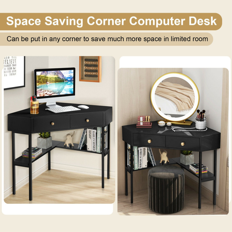Space Saving Corner Computer Desk with 2 Large Drawers and Storage Shelf-BlackCostway Gallery View 9 of 12