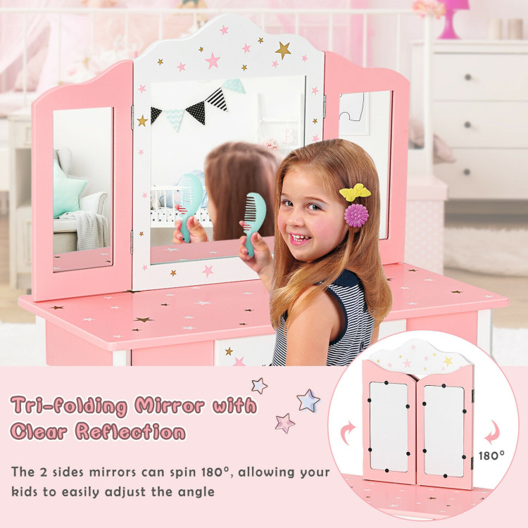 Kids Princess Vanity Table and Stool Set with Tri-folding Mirror and Drawer-PinkCostway Gallery View 12 of 12