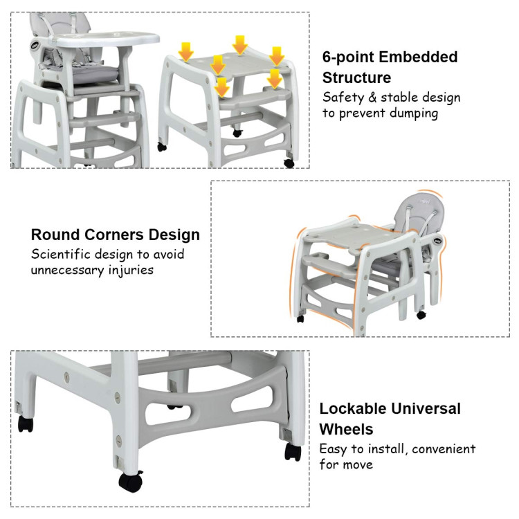 3-in-1 Baby High Chair with Lockable Universal Wheels-GrayCostway Gallery View 8 of 9