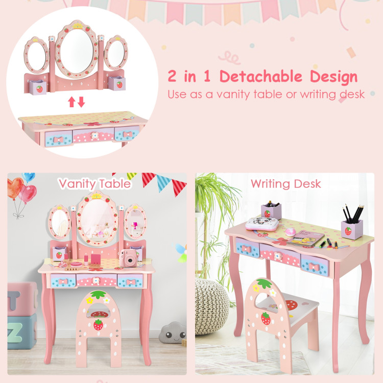 Kids Vanity Princess Makeup Dressing Table Chair Set with Tri-fold Mirror-PinkCostway Gallery View 2 of 10