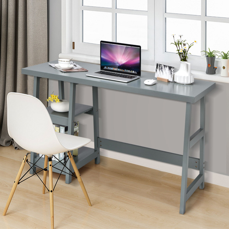 Wooden Trestle Computer Desk with 2-Tier Removable Shelves-GrayCostway Gallery View 1 of 10